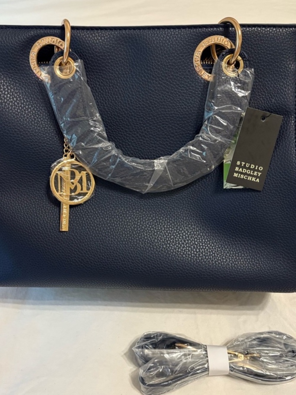 Badgley Mischka Navy Blue Tote Bag with Gold Accents